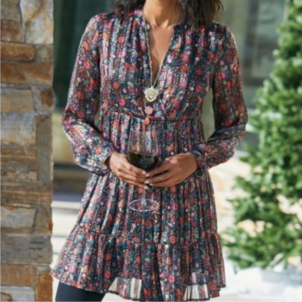 Soft Surroundings Boho Chic Castille Pleated Floral Tunic Top Dress Size Large